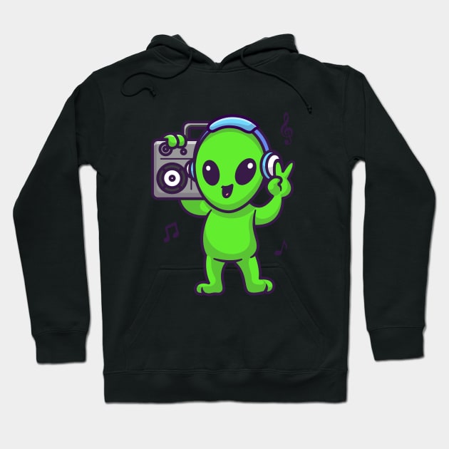 Cute Alien Listening Music With Boombox And Headphone Cartoon Hoodie by Catalyst Labs